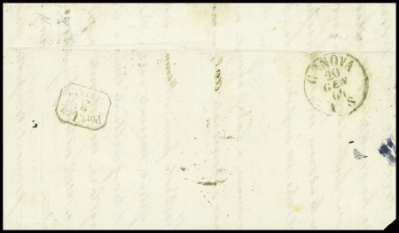 N°23 + 24 obl ancre + CAD octogonal "Buenos-Ayres *" (1863) (Salles n°1058) sur lettre pour Gênes via Bordeaux, ind 17. TB