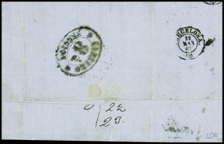 N°23 obl "2" entre 8 barres + CAD "ADMon de Cambio Barcelona 3 Ctos" (1865 - Salles n°614) sur lettre de Marseille pour Barcelone, ind 21. TB