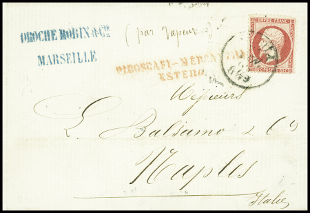 N°24 obl CAD "Napoli" (1865) sur lettre de Marseille pour Naples avec griffe rouge "Piroscafi mercantili estero" (Salles n°692 + 693). TB