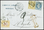 N°28 + 29 obl GC 532 + T17 Bordeaux (1870) sur lettre pour Naples avec taxe 3 tampon façon manuscrite pour Naples avec Italie timbre-taxe n°8. TB
