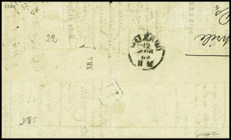 N°31 obl cachet rect noir "Bastimenti mercantili estero" répété à côté sur lettre de Marseille pour Palerme (Salles n°679), ind 34. RRR et TB