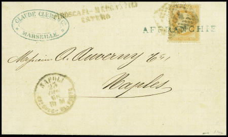 N°31 obl rect de points "184" + CAD "Napoli UF° SUCCle del porto" (1868) + griffe bleue "Affranchie" sur lettre de Marseille pour Naples (Salles n°695)