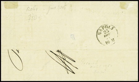 N°31 obl rect de points "184" + CAD "Napoli UF° SUCCle del porto" (1868) + griffe bleue "Affranchie" sur lettre de Marseille pour Naples (Salles n°695)