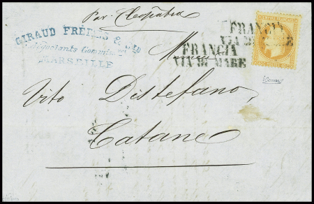 N°31 obl griffe "Francia di Mare" répétée à côté sur lettre de Marseille pour Catane (Salles n°659), ind 20. TB