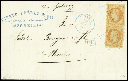 N°31 en paire obl ancre bleue + CAD rond bleu "Ligne U PAQ. FR. N°3" (1872) (Salles n°882) sur lettre pour Marseille, ind 15. TB