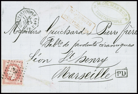 N°32, 80c rose, obl ancre + CAD octogonal "Constantinople PAQ. FR.U N°3" (1872) (Salles n°882) sur lettre pour Marseille, ind 15. TB
