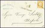 N°38 obl cursive "Coi postali francesi" répétée à côté sur lettre de Marseille pour Naples (Salles n°698) (1875), ind 22. TB
