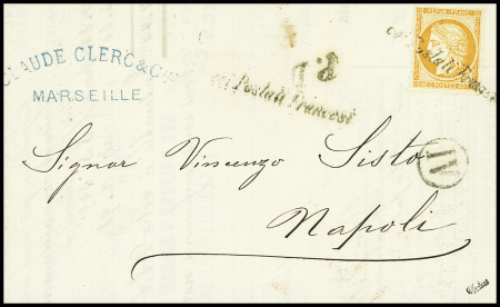 N°38 obl cursive "Coi postali francesi" répétée à côté sur lettre de Marseille pour Naples (Salles n°698) (1875), ind 22. TB