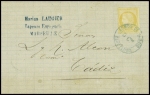 N°38 obl cachet bleu 2 cercles "ADMon de cambio Barcelona 3Ctos" sur lettre de Marseille pour Cadix (1873), ind 21 (Salles n°614). TB