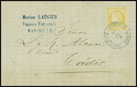 N°38 obl cachet bleu 2 cercles "ADMon de cambio Barcelona 3Ctos" sur lettre de Marseille pour Cadix (1873), ind 21 (Salles n°614). TB