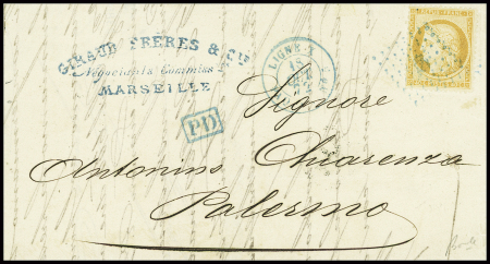 N°38 OBL ancre bleue + CAD rond bleu "Ligne X PAQ FR N°5" (1872) sur lettre de Marseille pour Palerme (Salles n°901), ind 17. TB