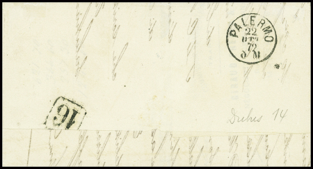 N°38 OBL ancre bleue + CAD rond bleu "Ligne X PAQ FR N°5" (1872) sur lettre de Marseille pour Palerme (Salles n°901), ind 17. TB