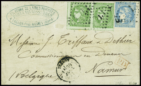 N°42, paire percée en lignes + n°46 obl GC 4013 + T16 Trélon (30 avril 71) sur lettre pour Namur, signé Calves. TB