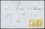 N°43, 10c bistre en paire obl GC 2365 + T17 "Miramont (45)" (1871) sur lettre. TB