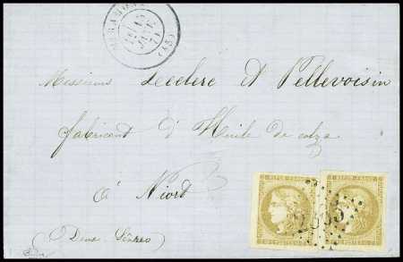 N°43, 10c bistre en paire obl GC 2365 + T17 "Miramont (45)" (1871) sur lettre. TB