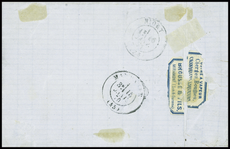 N°43, 10c bistre en paire obl GC 2365 + T17 "Miramont (45)" (1871) sur lettre. TB