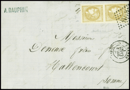 N°43 en paire obl GC 3156 + T17 Roanne (12 avril 71) sur lettre, signé Calves. TB