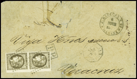 N°47 en paire verticale, petit BDF à droite obl ancre + CAD octo "La Havane" (6 nov 71) sur lettre, fatiguée mais rare
