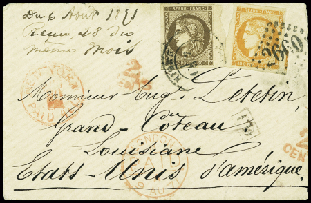 N°47 + 48 obl GC 2660 + T17 Niort (1871) sur lettre pour Grand Coteau (Louisiane USA) avec transit Londres. TB