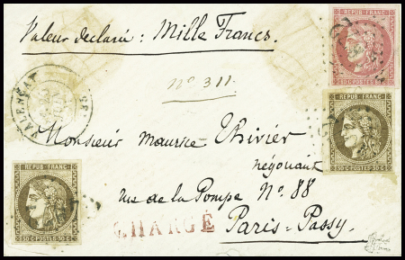 N°47, 2 pièces + 49 obl GC 4072 + T17 Valençay (1871) sur lettre chargée (VD 1000F), signé Calves. TB