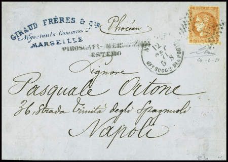 N°48, 40c orange, obl rect de points 184 + CAD "Napoli UF° SUCCle di Porto" (10 sept 71) sur lettre, salles n°695). Rare sur émission de Bordeaux. TB