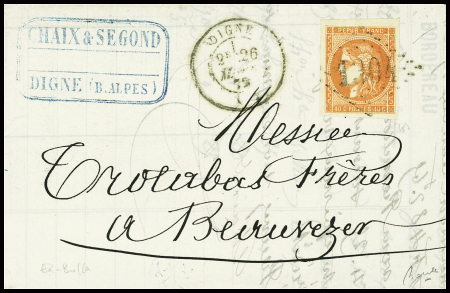 N°48, belle nuance vice obl GC 1304 + T17 Digne (1872) sur lettre. TB
