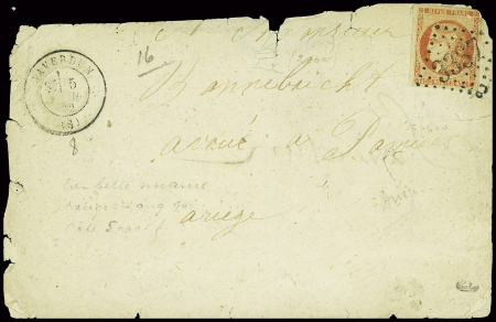 N°48 obl GC 3337 + T17 Saverdun (avril 1872) sur lettre (fatiguée), signé Calves