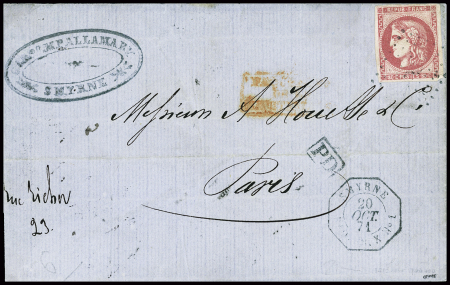 N°49, 80c rose, obl ancre + CAD octogonal "Smyrne PAQ FR X N°1" (20 oct 71) (Salles n°911) sur lettre de Smyrne pour Paris, ind 31. RR