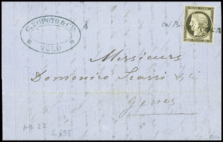 N°56, 30c brun, obl cursive "Coi postali francesi" (Salles n°698) sur lettre de Volo pour Gênes, signé Calves, ind 22. TB