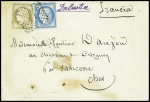 N°56 + 60 obl rect de points 21 de Palerme sur lettre pour Sancerre (Cher) avec au verso CAD "Livorno"