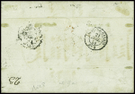 N°6, 1F carmin, paire + 1 pièce (1 ex leg touché) obl grille sans fin + CAD "Paris (60)" (1851) sur lettre pour Puebla (Mexique) avec arrivée Vera Cruz