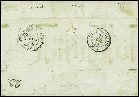 N°6, 1F carmin, paire + 1 pièce (1 ex leg touché) obl grille sans fin + CAD "Paris (60)" (1851) sur lettre pour Puebla (Mexique) avec arrivée Vera Cruz