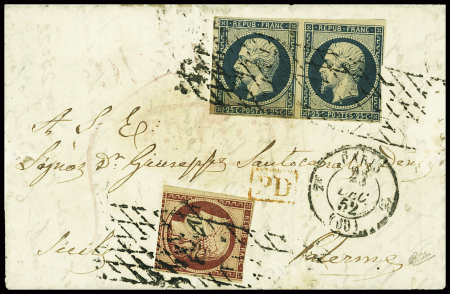N°6, touché + n°10 en paire (1 ex touché) obl grille sans fin + CAD "2e Paris 15" (1852) sur lettre pour Palerme (Sicile), signé Calves