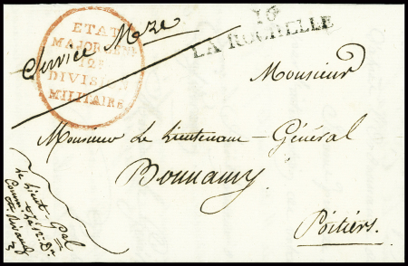 Lettre avec MP "16 La Rochelle" (1815) + cachet ovale rouge "Etat-Major GENlE 12e division militaire" écrite par le général Rivaud de la Raffinière