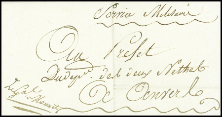 Lettre avec correspondance de Flessingue au quartier général (an 2) pour Anvers avec franchise manuscrite "Le Gal Monnet". TB