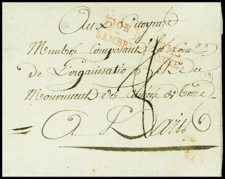 Lettre avec MP rouge "Don N armée Sambre et Meuse" (An 3). TB