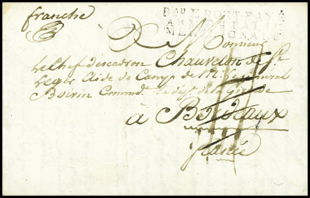 Lettre datée du QG de Naples (1809) avec MP "Bau E Port payé Arm. D'Italie méridionale. TB