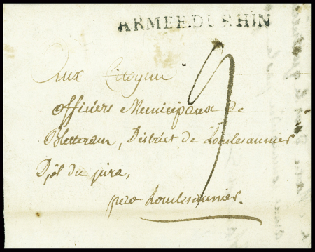 Lettre datée de Fischebach (1792) avec MP "Armée du Rhin". TB
