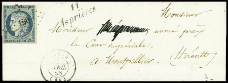 N°4 obl PC 150 + cursive "11 Asprières" + T15 Aubin (1853) sur lettre, nom du destinataire caviardé mais TB
