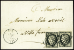 N°3, 2 pièces, obl grille + T15 "Aubin" (1850) - n°4 obl PC 166 + T15 Aubin (1853) sur lettre et n°4 obl grille + T15 Aubin (1851). L'ensemble TB