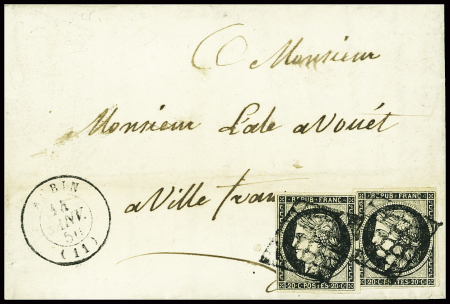 N°3, 2 pièces, obl grille + T15 "Aubin" (1850) - n°4 obl PC 166 + T15 Aubin (1853) sur lettre et n°4 obl grille + T15 Aubin (1851). L'ensemble TB