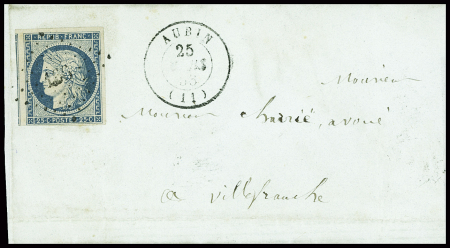 N°3, 2 pièces, obl grille + T15 "Aubin" (1850) - n°4 obl PC 166 + T15 Aubin (1853) sur lettre et n°4 obl grille + T15 Aubin (1851). L'ensemble TB