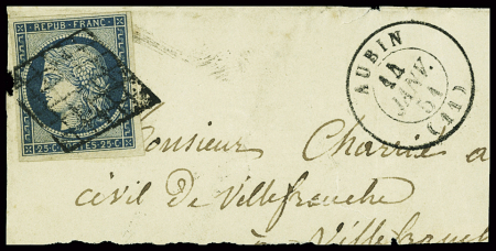 N°3, 2 pièces, obl grille + T15 "Aubin" (1850) - n°4 obl PC 166 + T15 Aubin (1853) sur lettre et n°4 obl grille + T15 Aubin (1851). L'ensemble TB
