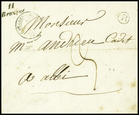 Lettre avec cursive "11 Brusque" + T15 Cabares-s-Dourdon (1847), ind 17. TB