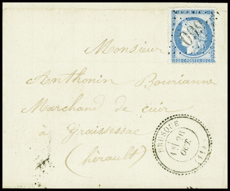 3 lettres : n°14 obl PC 553 + T15 Brusque (1857), n°22 obl PC 660 + T22 Brusque (1867) et n°60 obl GC 660 + T24 Brusque (1873). Les 3 lettres TB