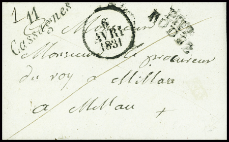 Cursive "11 Cassagnes" + MP "P 11 P Rodez" + dateur A (1831) belle association. TB