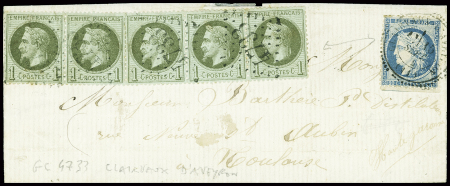 2 lettres : n°20 en paire obl GC 4733 + T22 "Clairvaux d'Aveyron (1869) et n°25, bande de 5 + n°37 obl GC 4733 T 24 Clairvaux d'Aveyron (1871). TB