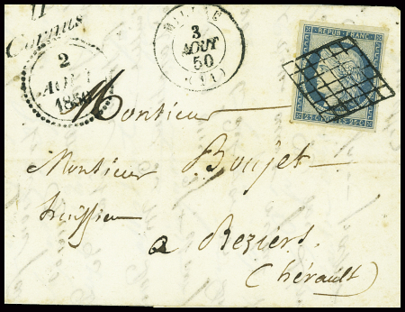 N°4 obl grille + cursive "11 Cornus" + dateur B (1850) sur lettre, ind 20. TB