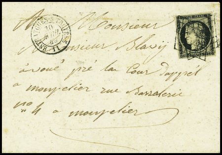 2 lettres : n°3 obl grille + T15 Entraigues-s-Truyère (1849 et 1851), ind 19 et ind 17. TB