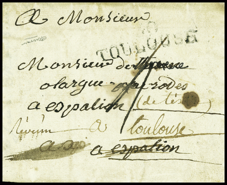 lettre de Toulouse pour Espalion réexpédiée à Toulouse avec au verso MP "Deb 11 Espalion" (1814), ind 20. TB